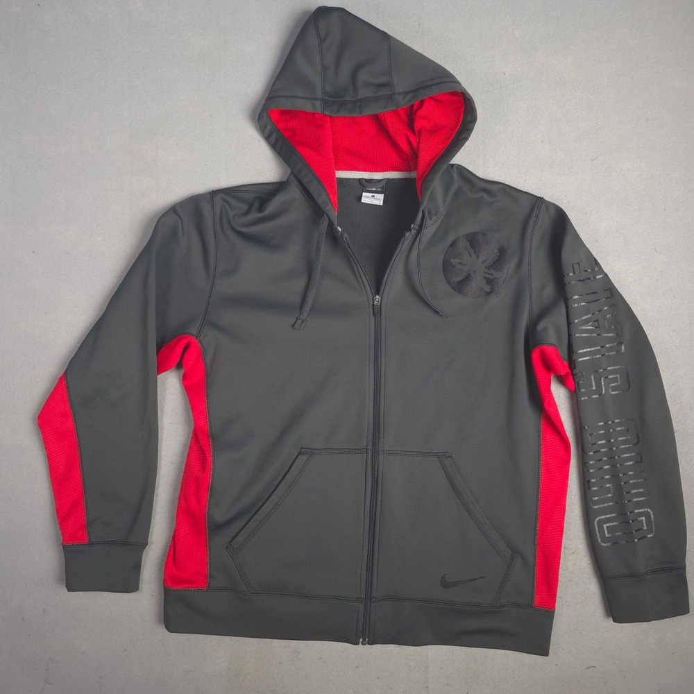 Nike Ohio State Buckeyes Therma-FIT Full Zip Hoodie Jacket Gray Red L